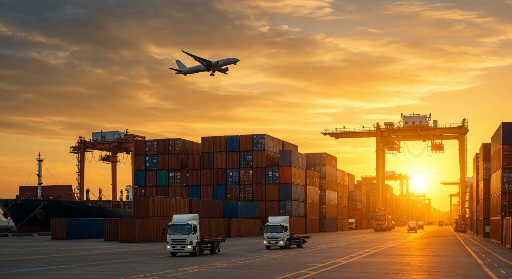shipping port sunset cargo airplanes trucks min (1)